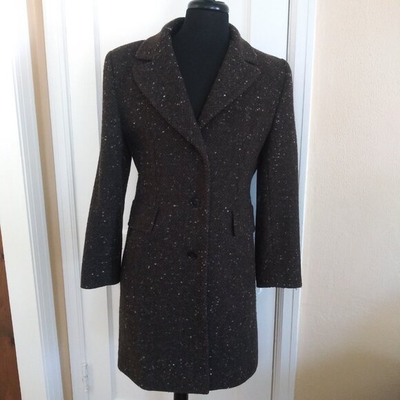 Vintage Larry Levine 100% Wool Brown tweed Long Coat Size 8 - Picture 1 of 12